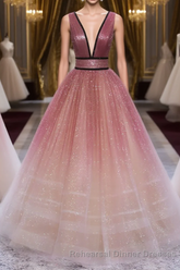 Glitter A-Line V Neck Tulle Long Semi Formal Prom Dress Tulle Long Semi Formal Prom Party Dress